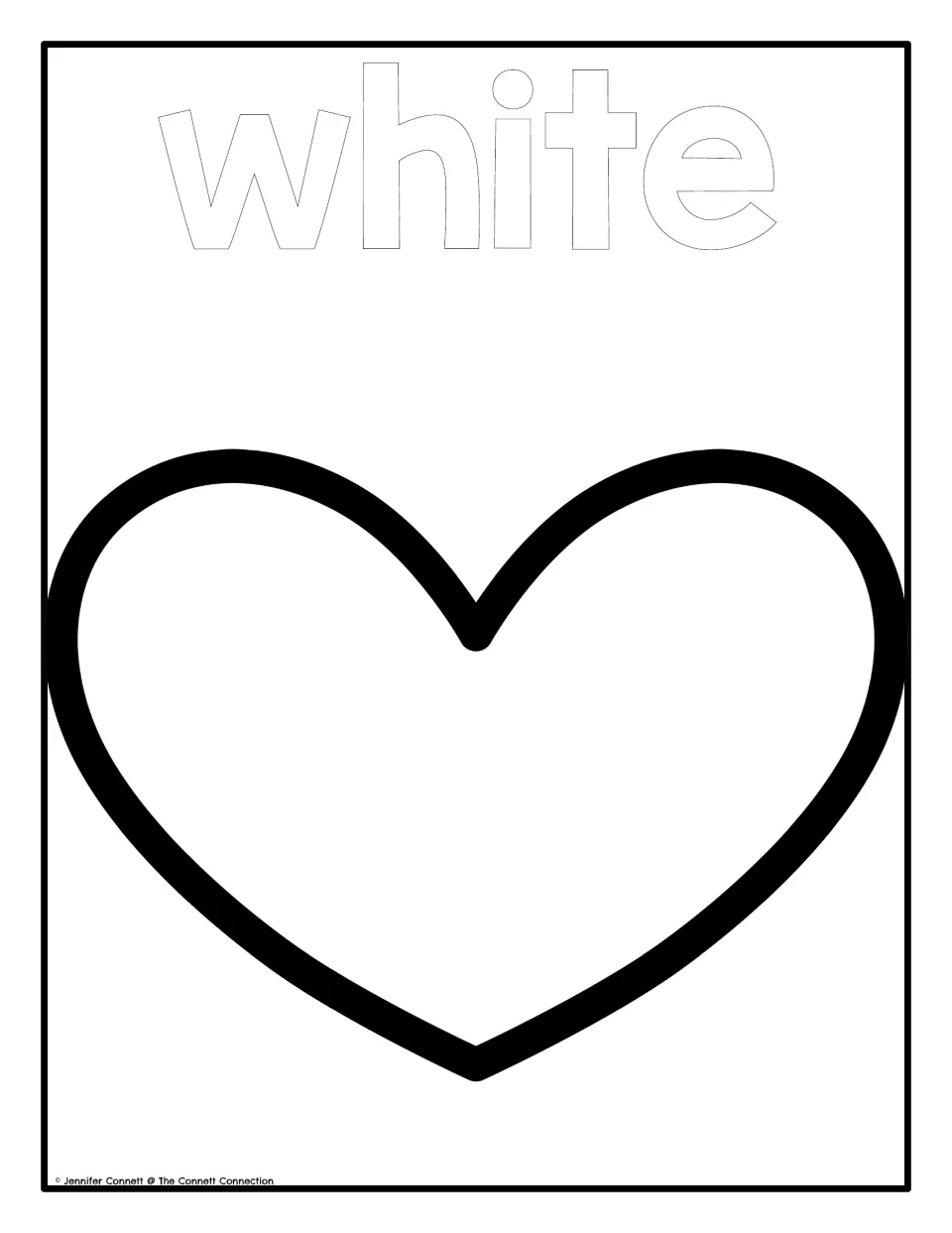 Color poster 10 of 10: the word 'white' and a white heart for the Valentine's Day color recognition display.