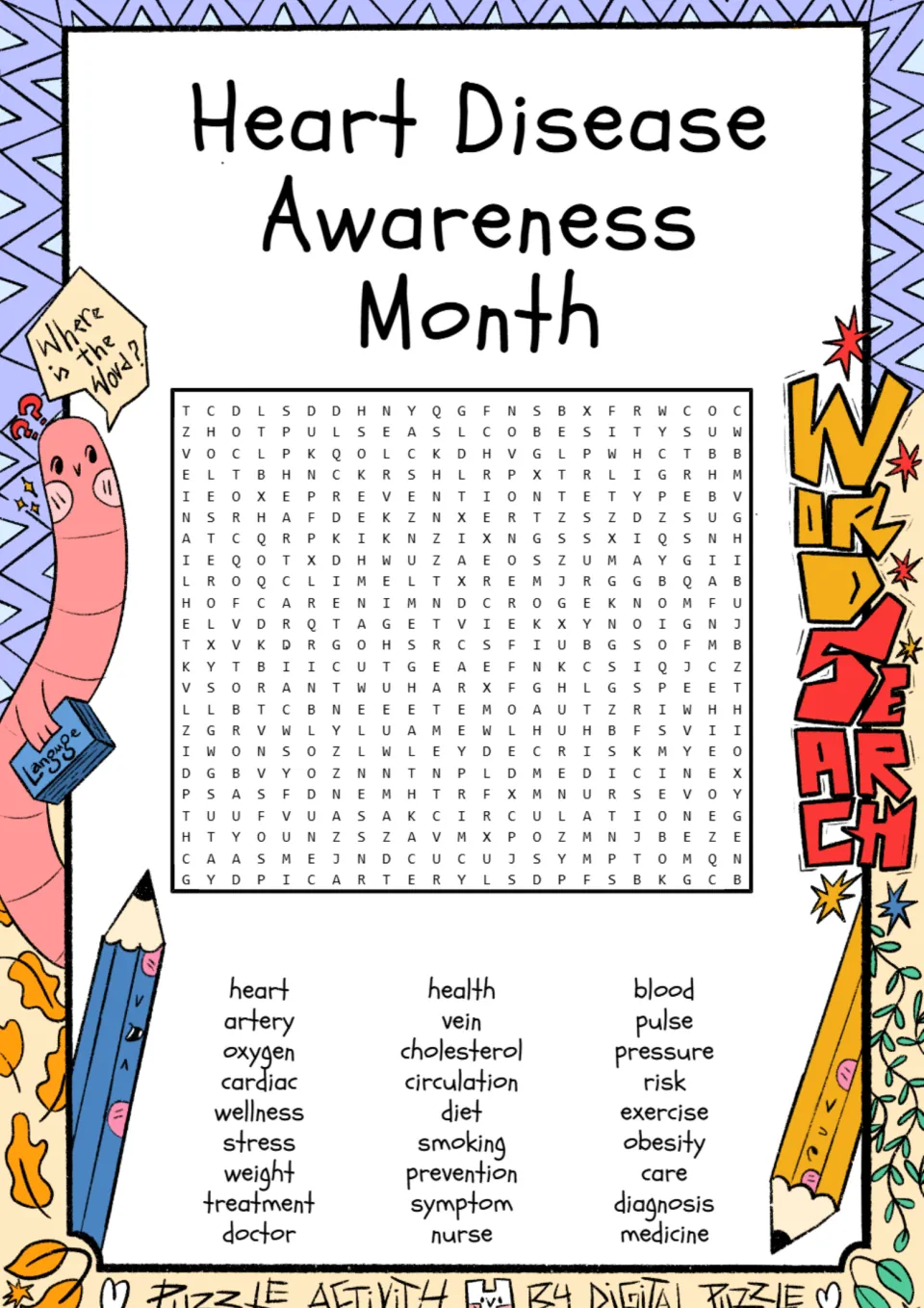 Heart disease awareness word search puzzle with 27 terms, including artery, cholesterol, and circulation.
