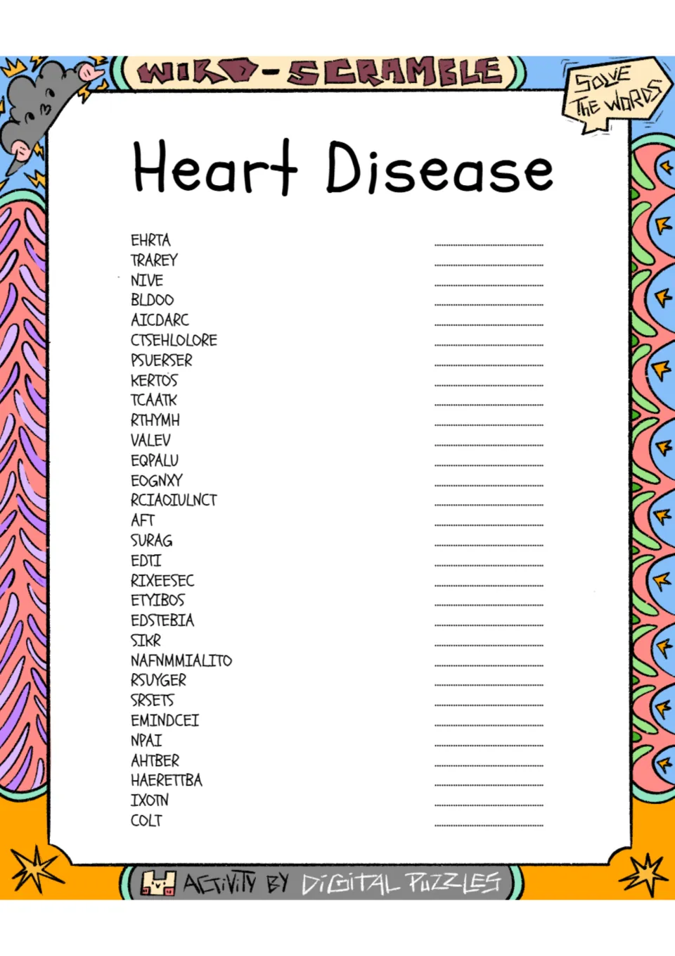 Word scramble activity: 30 heart disease terms to unscramble, including EHRTA, TRAREY, NIVE, and BLDOO.