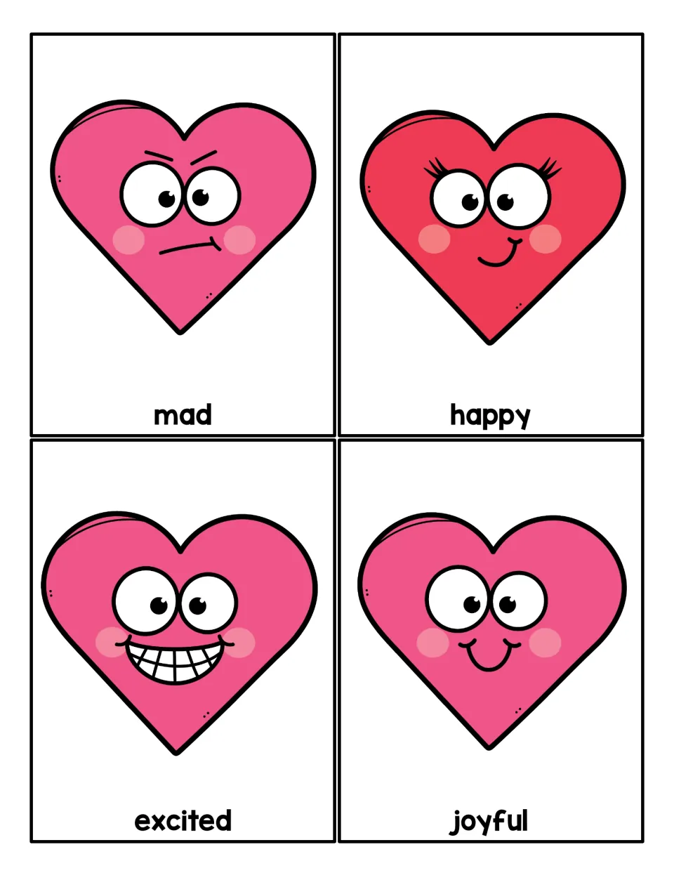 Feelings cards: four smiling or frowning heart faces labeled mad, happy, excited and joyful for naming emotions