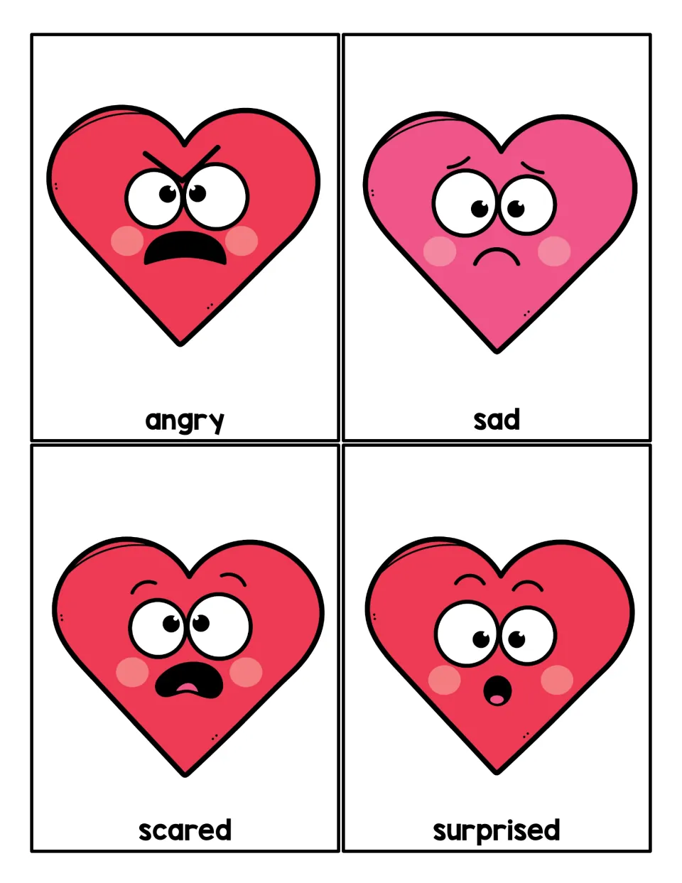 Emotion word cards: heart characters with faces showing angry, sad, scared and surprised, each labeled for students