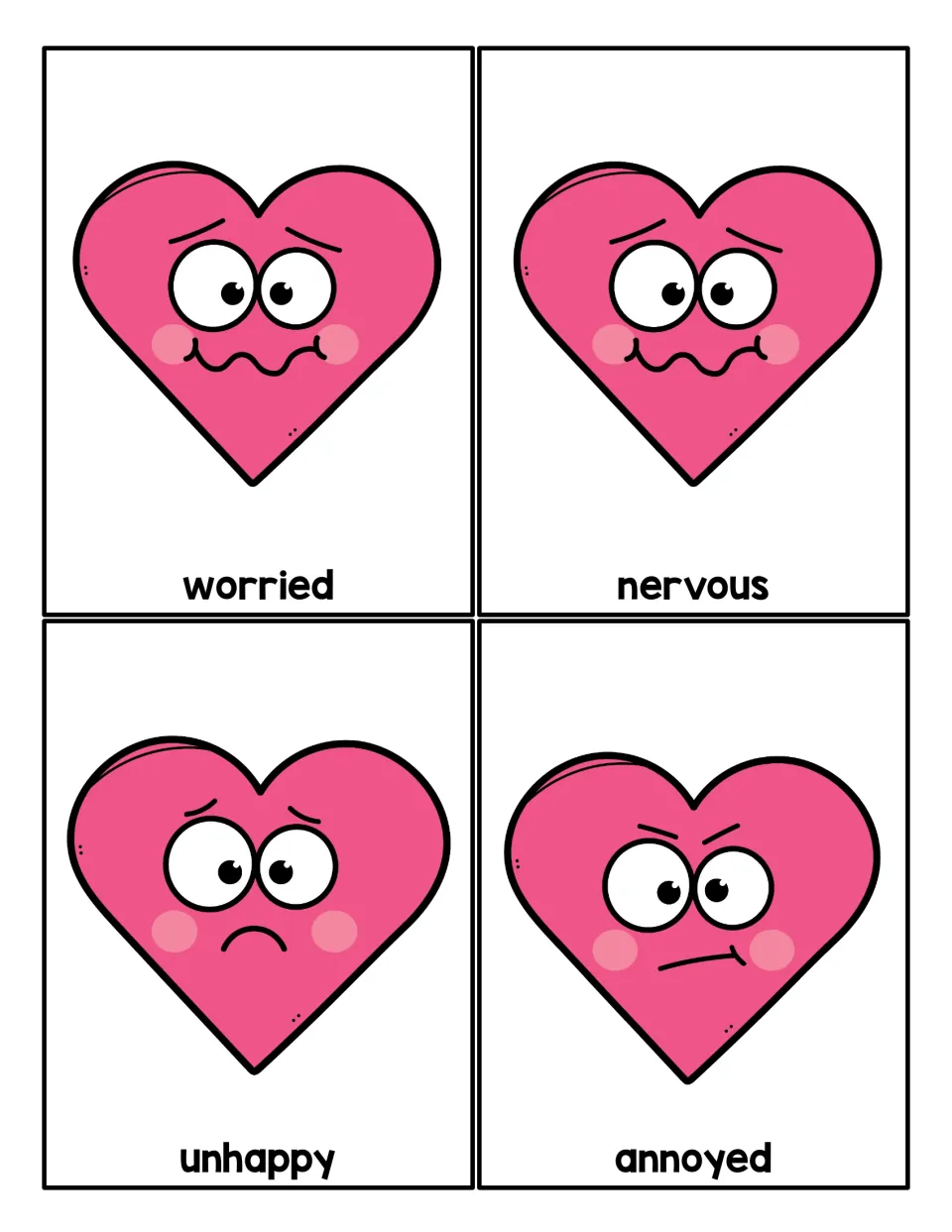 Feeling cards for worried, nervous, unhappy and annoyed, each a pink heart with a matching facial expression