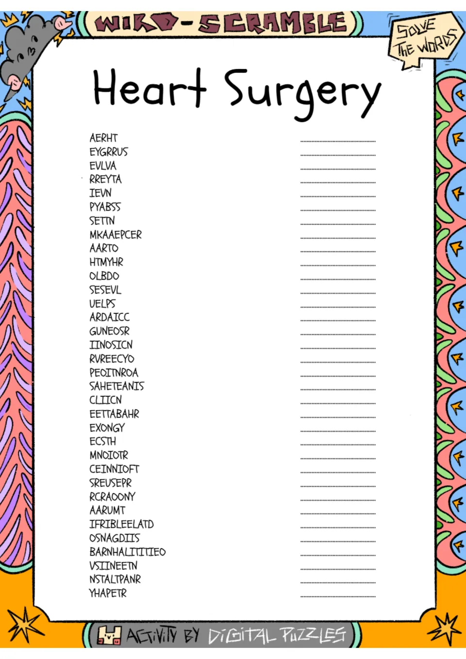 Heart surgery word scramble: 34 mixed-up terms, including AERHT, EYGRRUS, EVLVA, RREYTA, and IEVN