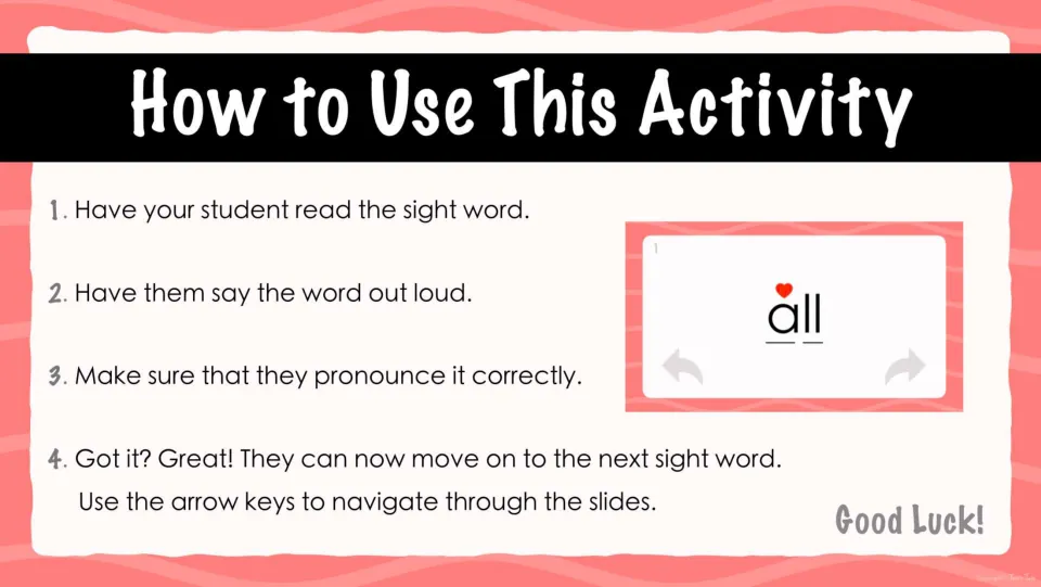 How to Use This Activity: four steps to read the sight word, say it aloud, check pronunciation, then use arrow keys