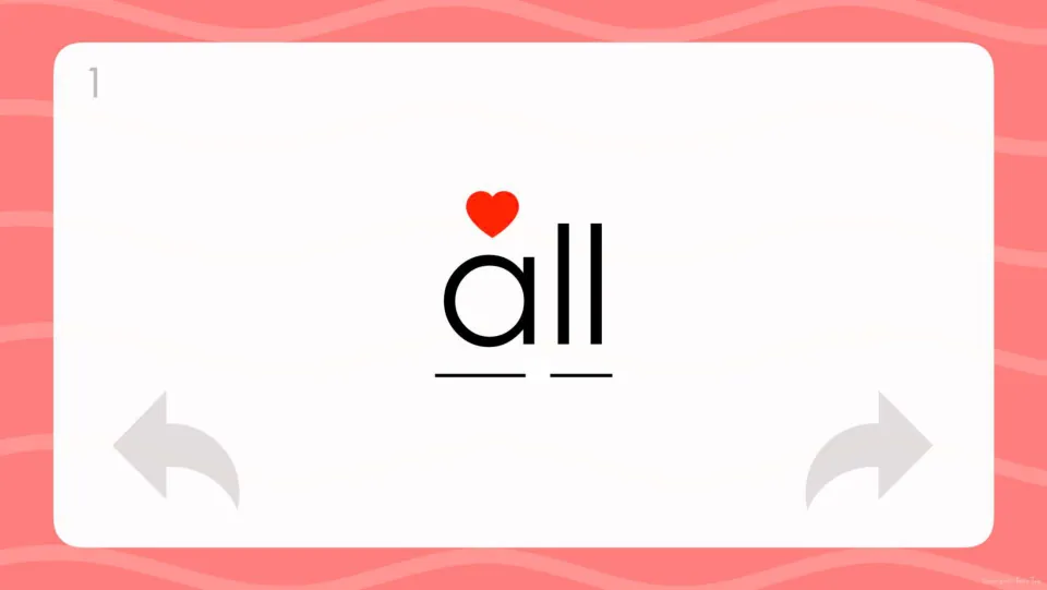 Card 1, 'all': students read the word aloud; a heart marks the irregular letter a and two lines show its two sounds