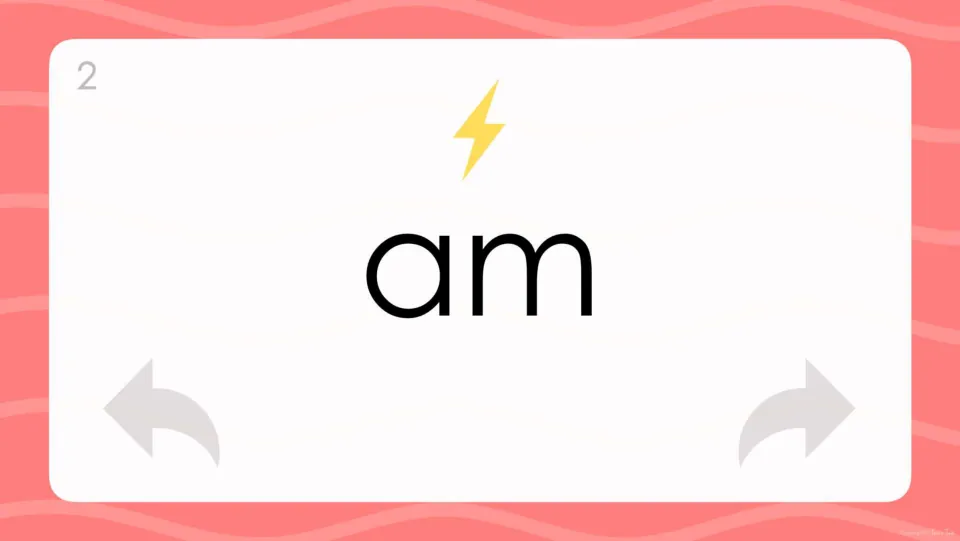 Card 2, 'am': a lightning bolt marks this as a flash word students decode with basic phonics and read automatically