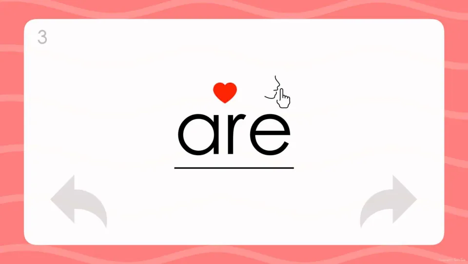 Card 3, 'are': students read aloud a word with a heart part and a silent-letter icon, one line under the whole word