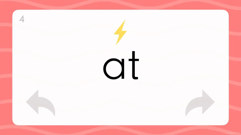 Card 4, 'at': a lightning bolt flags a decodable flash word for students to sound out and then read on sight