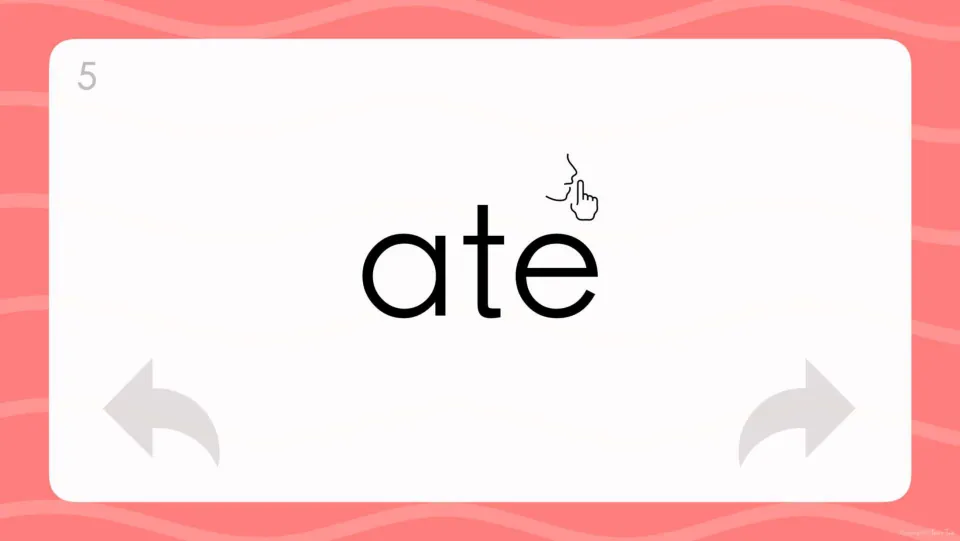 Card 5, 'ate': students read the word aloud while a silent-letter icon flags the final e that makes no sound