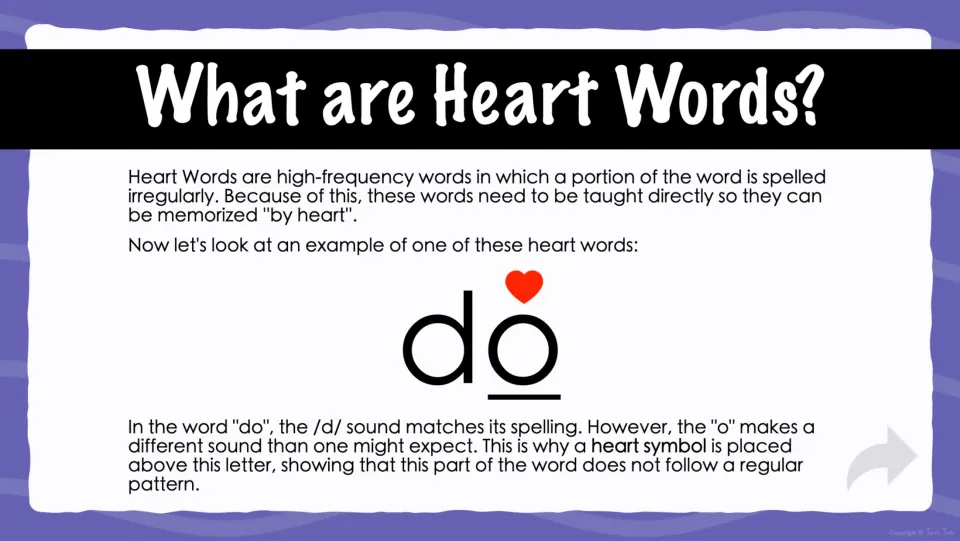 Heart word introduction uses “do” to show how a heart marks the unexpectedly pronounced letter o