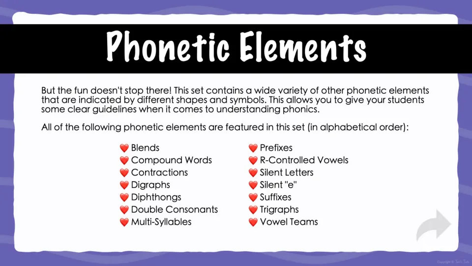Phonetic elements overview lists 14 features marked in the flash cards, including blends and vowel teams