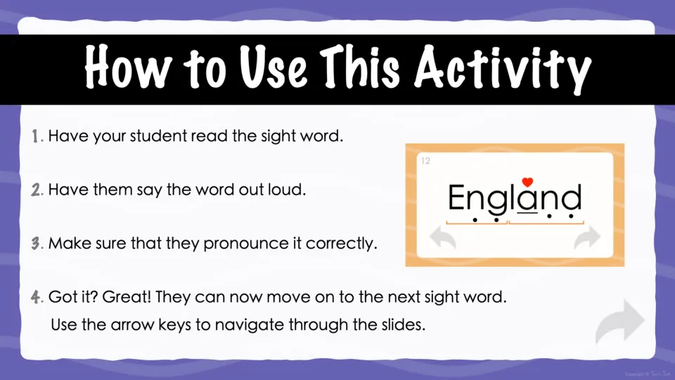 Digital flash card directions say to read each word aloud, check pronunciation, and navigate with arrow keys