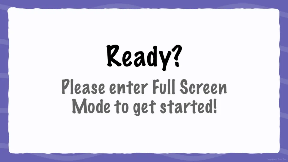 Digital flash card start screen says “Ready?” and asks students to enter Full Screen Mode to get started