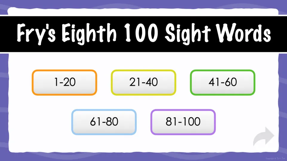 Digital flash card selection menu divides the 100 sight words into groups 1–20, 21–40, 41–60, 61–80, and 81–100