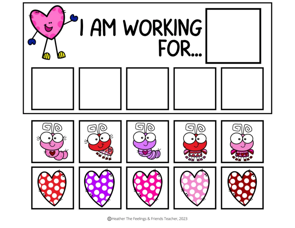Token board 2: 'I am working for...' with space for a chosen reward, five earned tokens, and ten tracking tokens