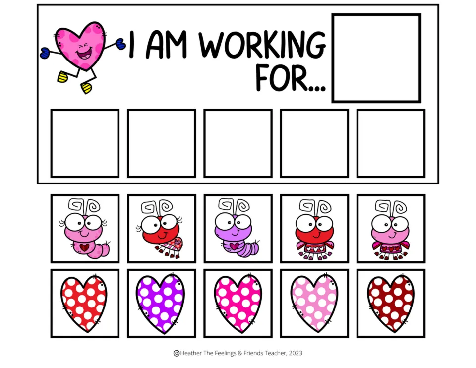 Token board 3: 'I am working for...' with space for a chosen reward, five earned tokens, and ten tracking tokens