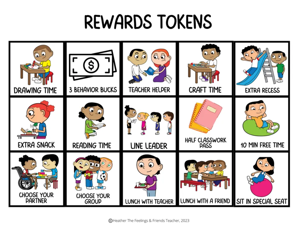 Reward cards 1–15 for token boards: drawing time, 3 behavior bucks, teacher helper, craft time, and 11 more