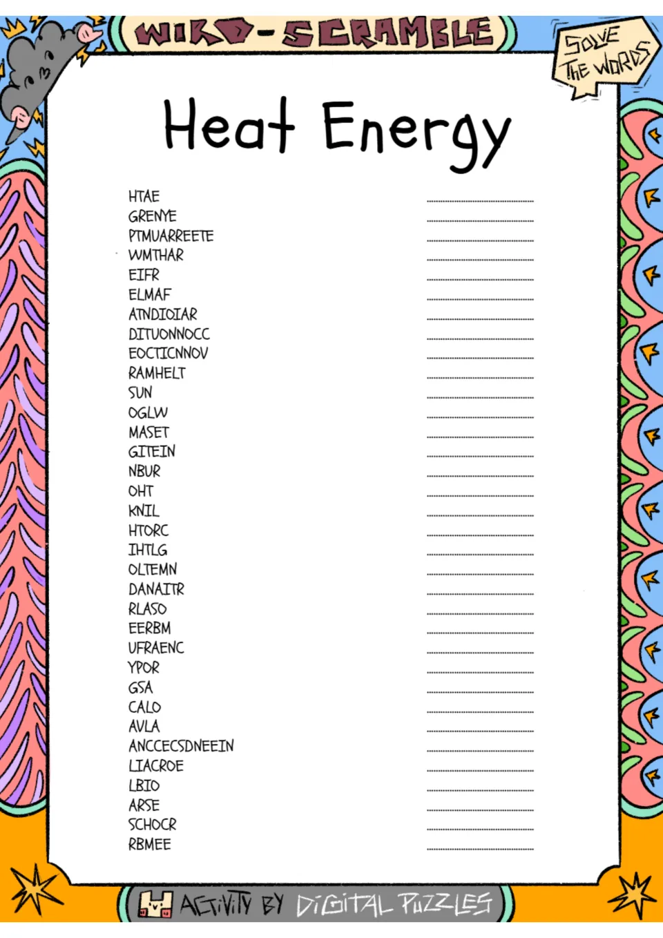 Heat energy word scramble: students unscramble 34 terms like HTAE, ELMAF and DITUONNOCC