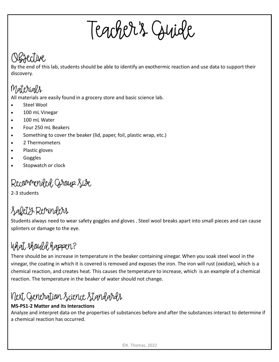 Teacher's guide for a steel wool and vinegar exothermic lab: objective, materials, group size, safety and expected results