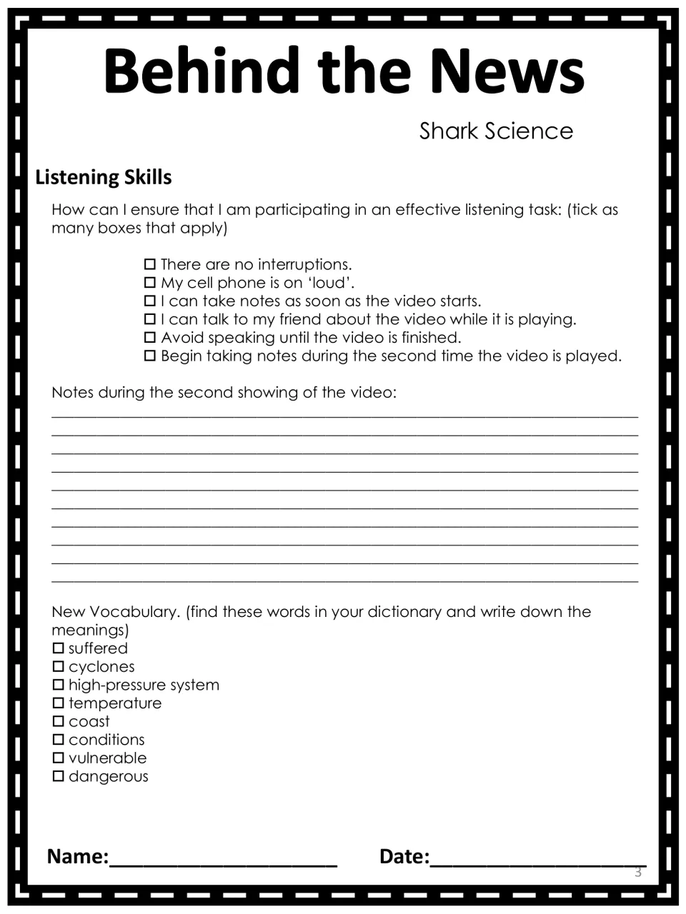 Listening skills checklist: students tick good listening habits, take notes on the second viewing and define 8 new words