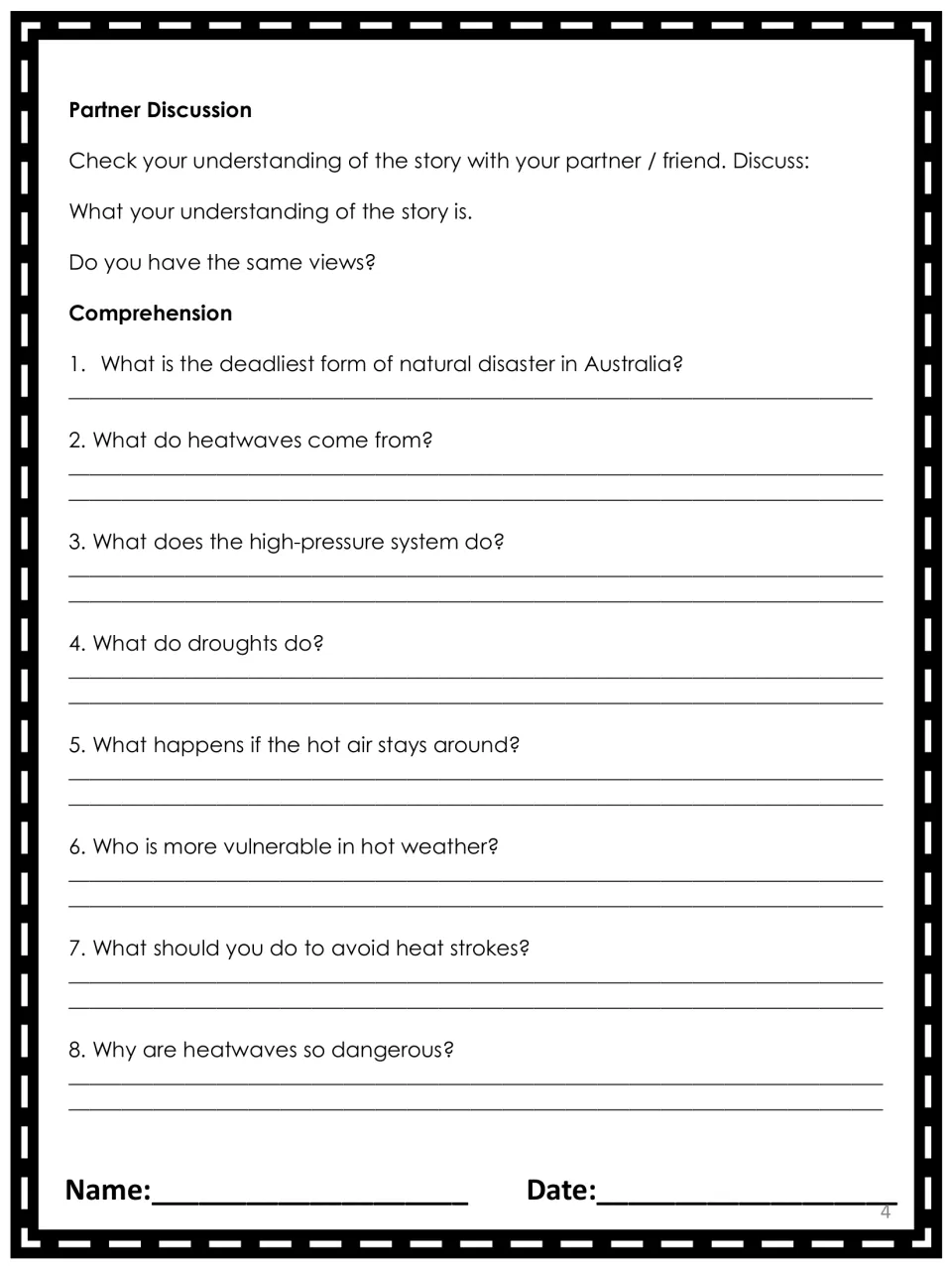 Heatwave comprehension: partner discussion, then 8 questions on droughts, high-pressure systems and heat stroke