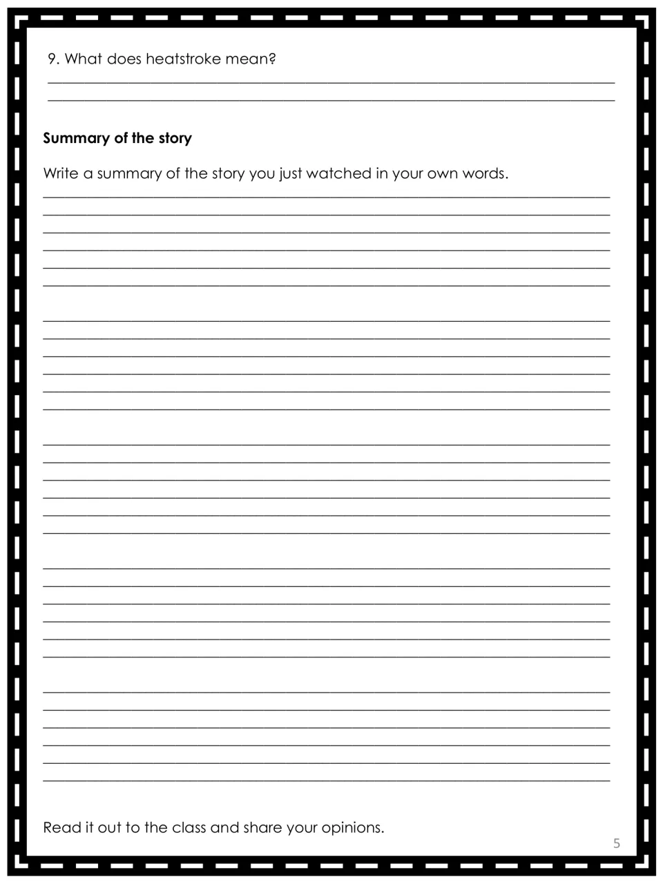 Summary writing: students answer what heatstroke means, then retell the news story in their own words to read aloud