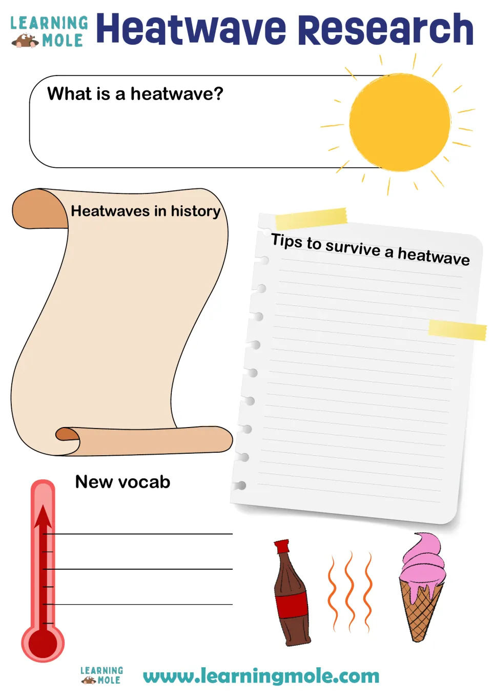 Heatwave research organizer: students define a heatwave, note heatwaves in history, list survival tips and new vocab