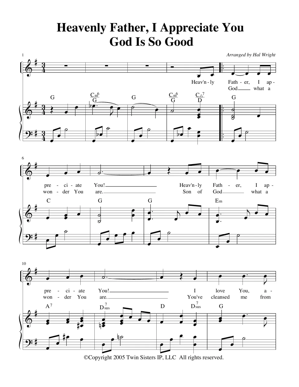 Heavenly Father, I Appreciate You with God Is So Good: vocal line, lyrics and piano in G major, 3/4, measures 1-13