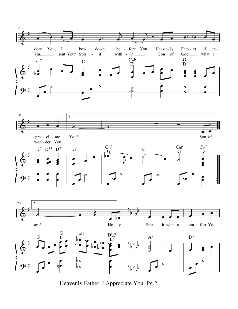 Sheet music measures 14-26: first and second endings, then a key change to A-flat for the Holy Spirit verse with chords