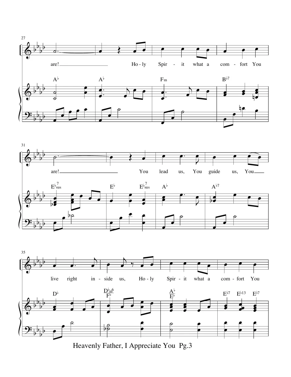 Sheet music measures 27-38 in A-flat: Holy Spirit verse lyrics You lead us, You guide us with piano accompaniment