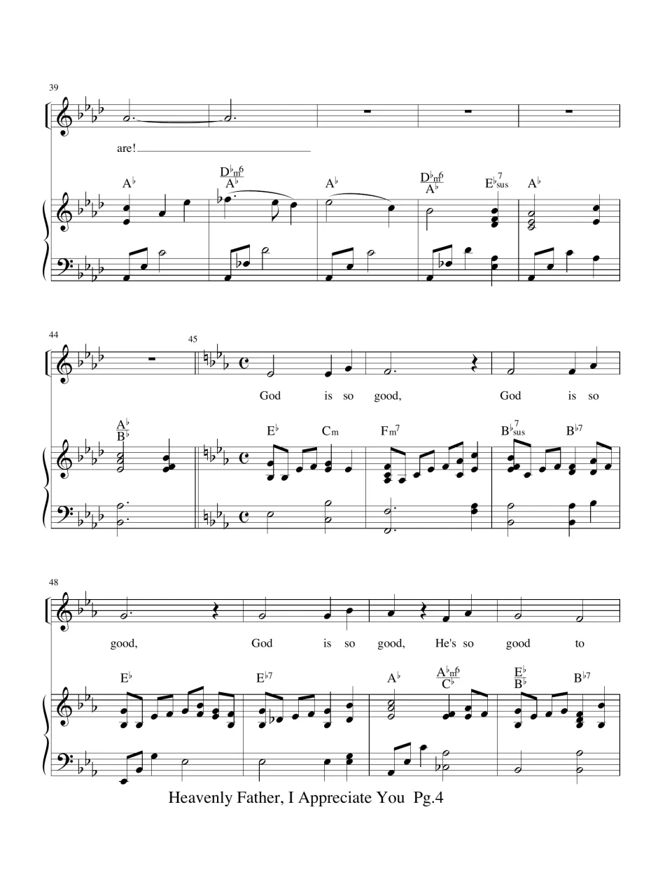 Sheet music measures 39-51: piano interlude, then the God Is So Good medley begins in E-flat and 4/4 time