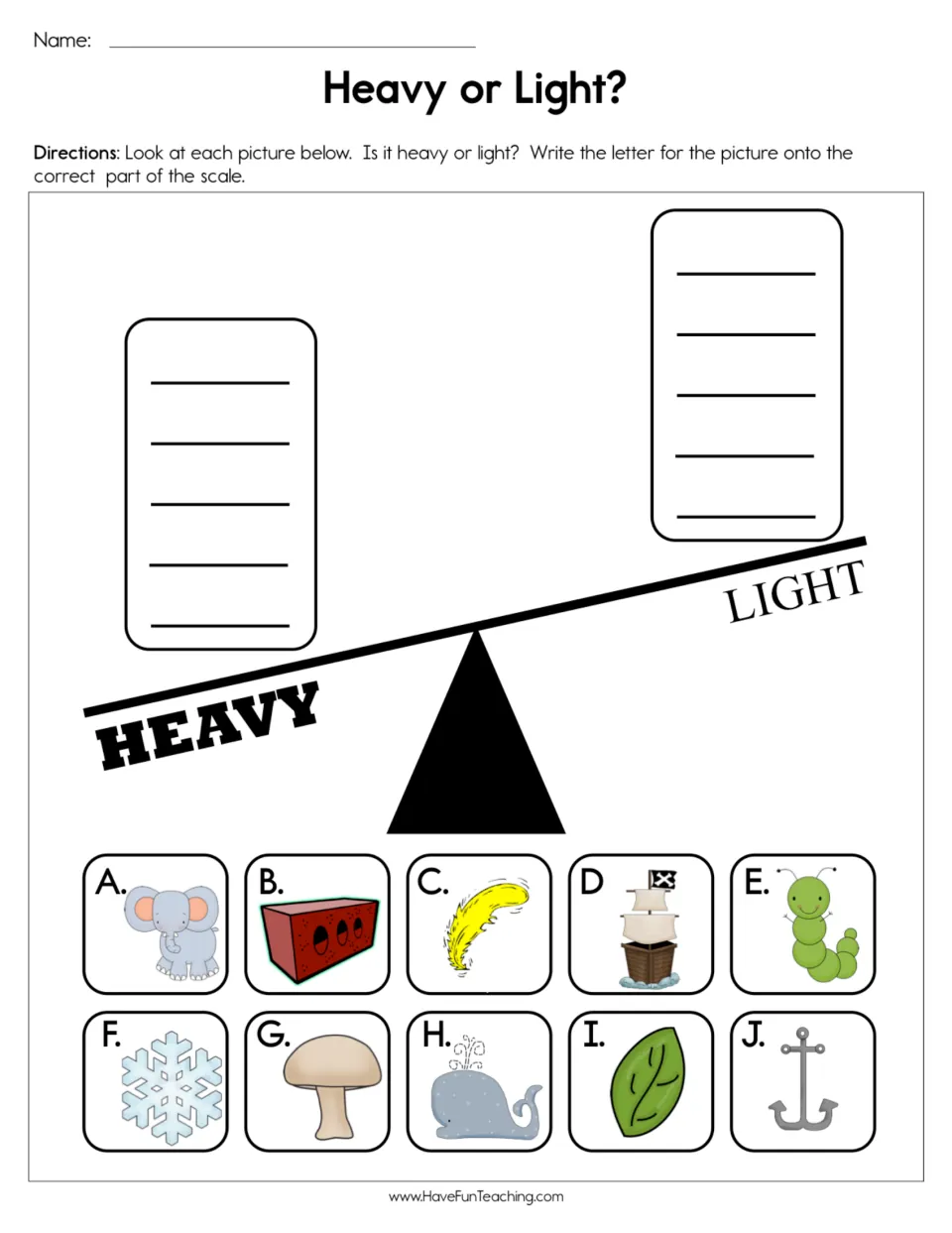 Comparing weight: students sort 10 pictures, like an elephant, feather and whale, onto the heavy or light side of a scale