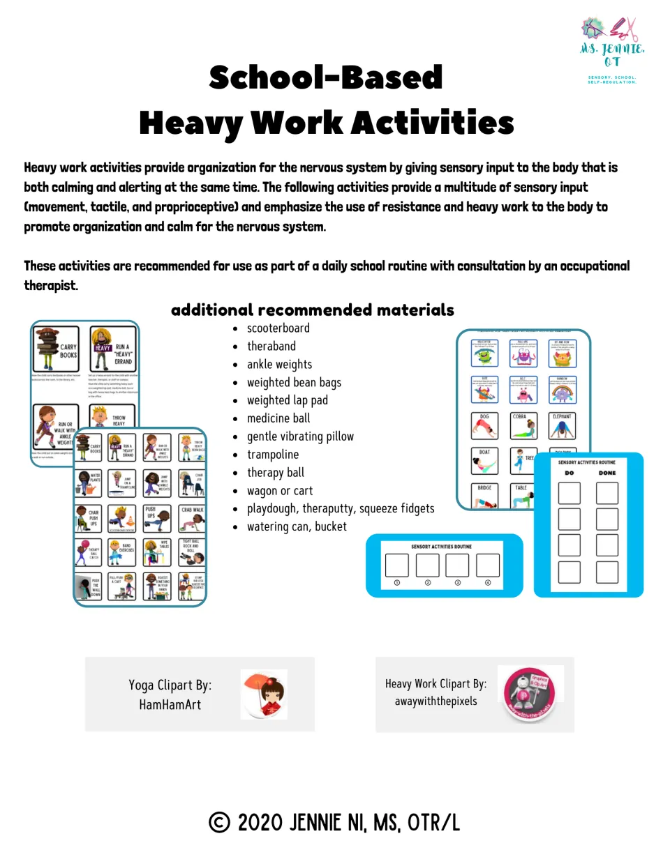School-Based Heavy Work Activities cover introduces sensory routines and lists recommended equipment.