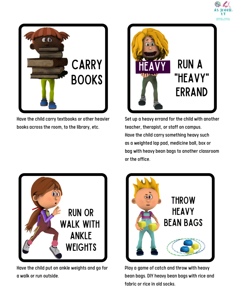 Heavy work cards 1–4 explain carrying books, heavy errands, walking with ankle weights, and bean bag throws.