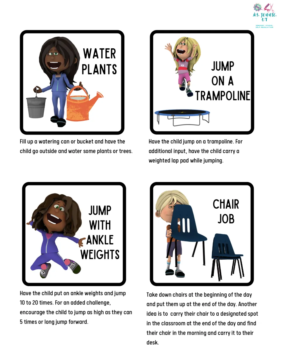 Heavy work cards 5–8 explain watering plants, trampoline jumps, jumping with ankle weights, and chair jobs.