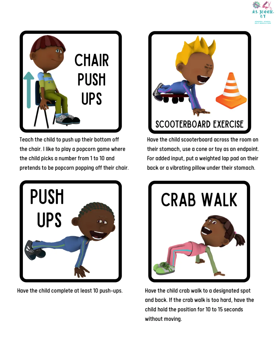 Heavy work cards 9–12 give directions for chair push-ups, scooterboard exercise, push-ups, and crab walks.