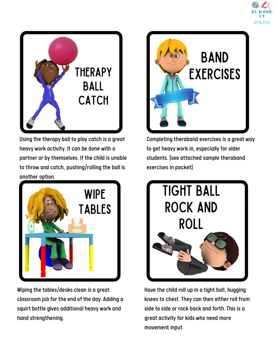 Heavy work cards 13–16 cover therapy ball catch, band exercises, wiping tables, and tight ball rock and roll.