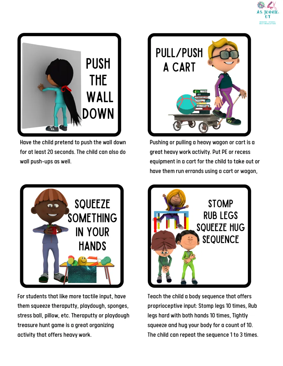 Heavy work cards 17–20 cover wall pushes, cart pulling, hand squeezing, and a stomp, rub, squeeze sequence.