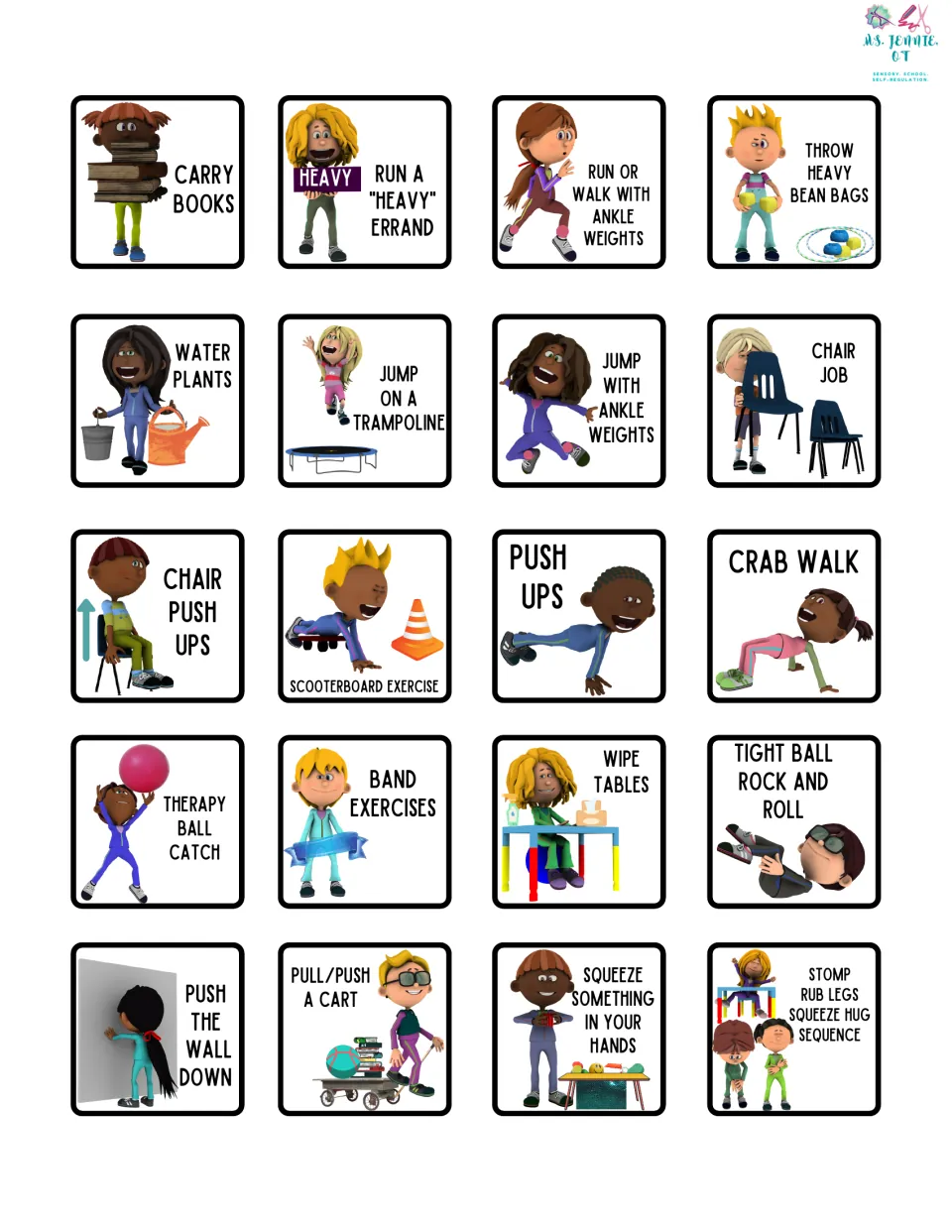 All 20 heavy work routine icons include carrying books, watering plants, chair push-ups, and 17 more.