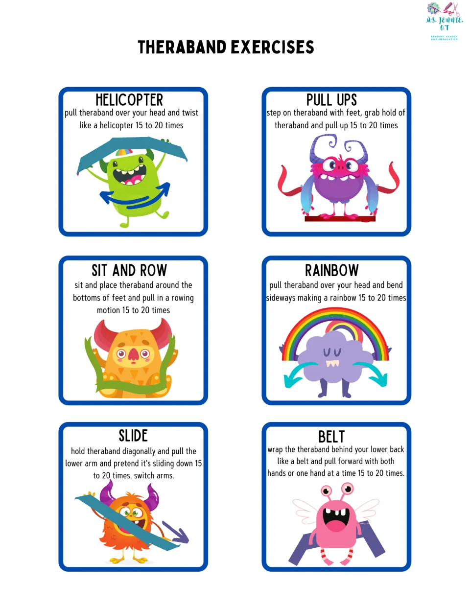 Six theraband exercise cards give directions for Helicopter, Pull Ups, Sit and Row, Rainbow, Slide, and Belt.