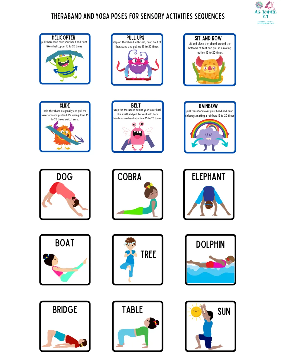 Sensory routine sheet combines six theraband icons and nine yoga poses, including Dog, Cobra, and Tree.
