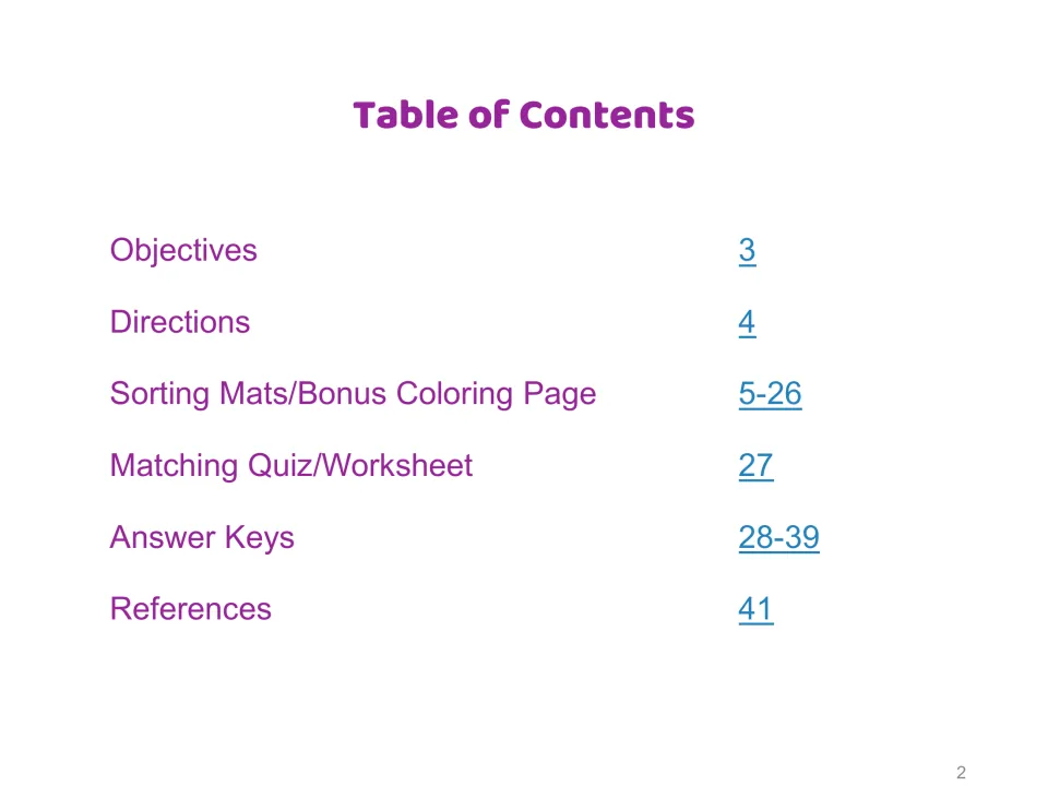 Contents for the Bible study resource: objectives, directions, sorting mats, matching quiz, and answer keys