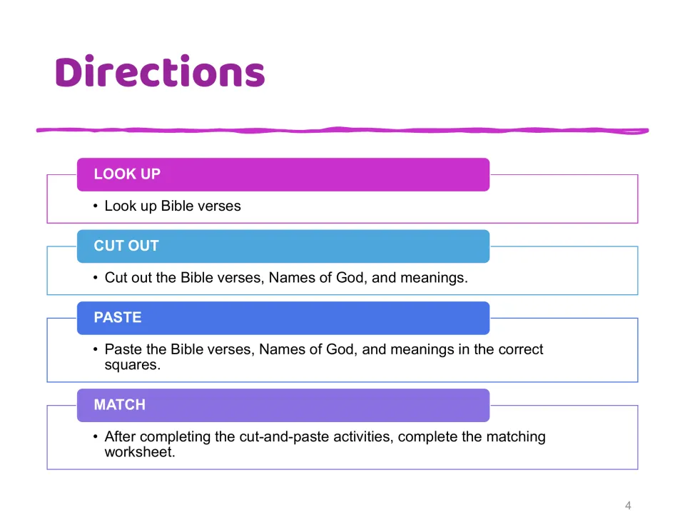 Activity directions: look up Bible verses, cut out names and meanings, paste matches, then finish the worksheet