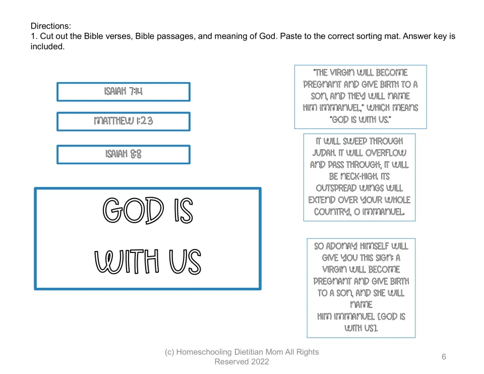 Immanuel cut-out sheet: God is with us, Isaiah 7:14, Matthew 1:23, Isaiah 8:8, and three Bible passages