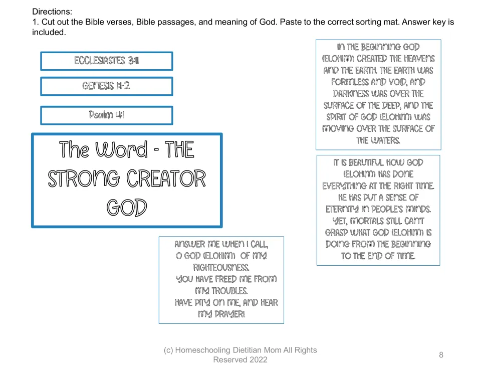 Elohim cut-out sheet: The Strong Creator God, Ecclesiastes 3:11, Genesis 1:1–2, Psalm 4:1, and passages