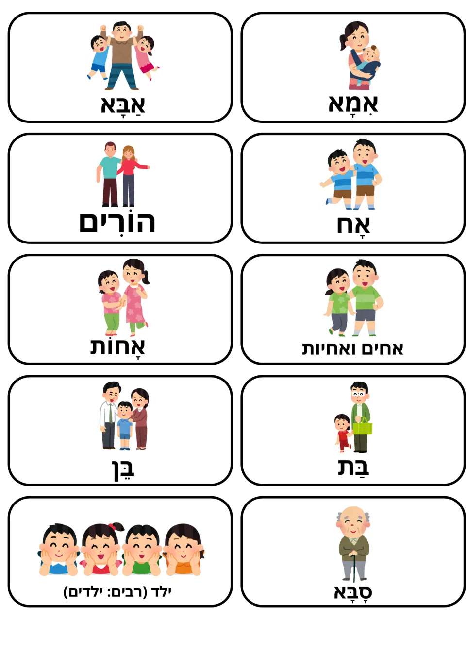 Hebrew immediate family flashcards: 10 picture cards for father, mother, parents, brother, sister, son and daughter