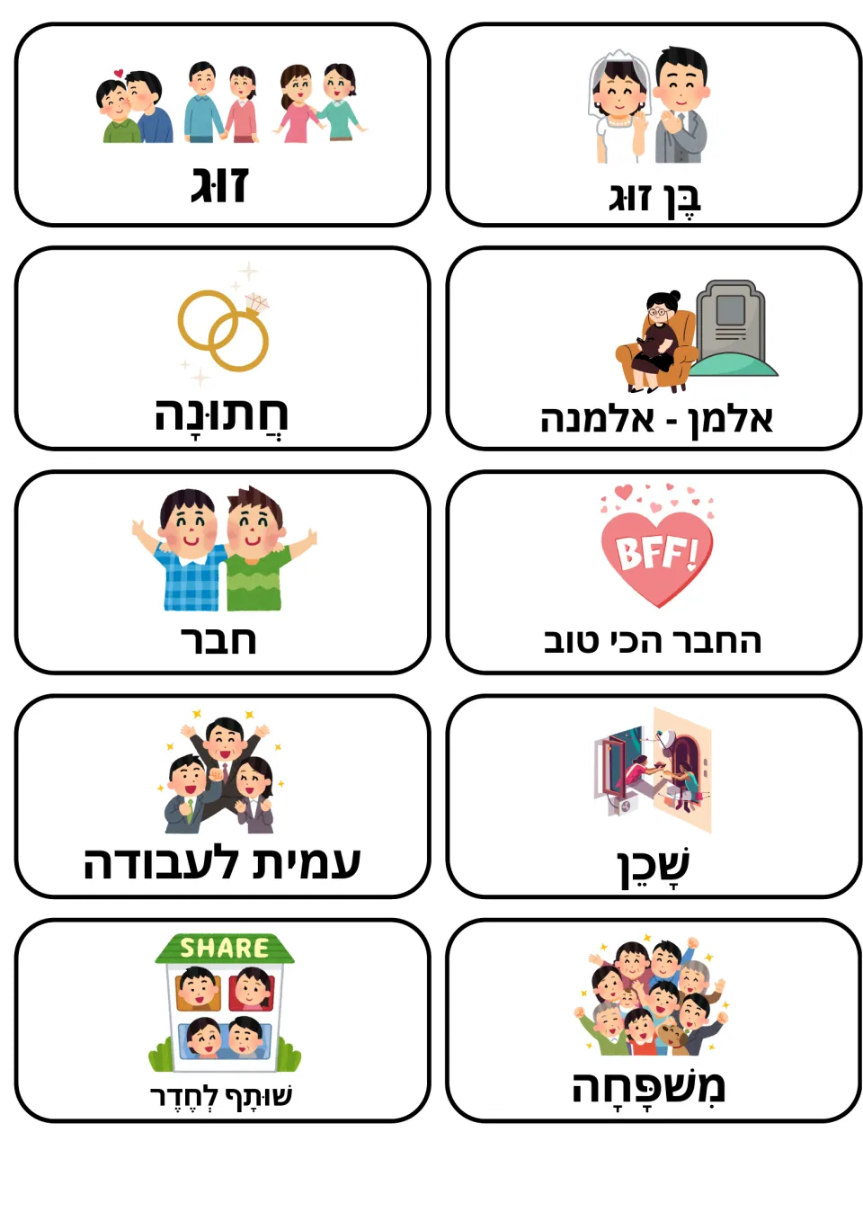 Hebrew social relationship flashcards: couple, spouse, wedding, widow, friend, best friend, coworker, neighbor, roommate