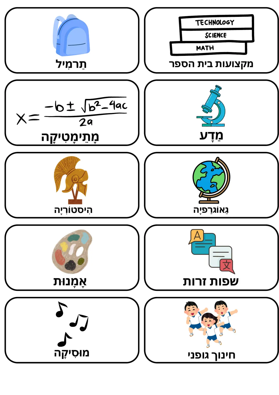Hebrew school subjects: 10 picture cards for backpack, math, science, history, geography, art, music and physical education