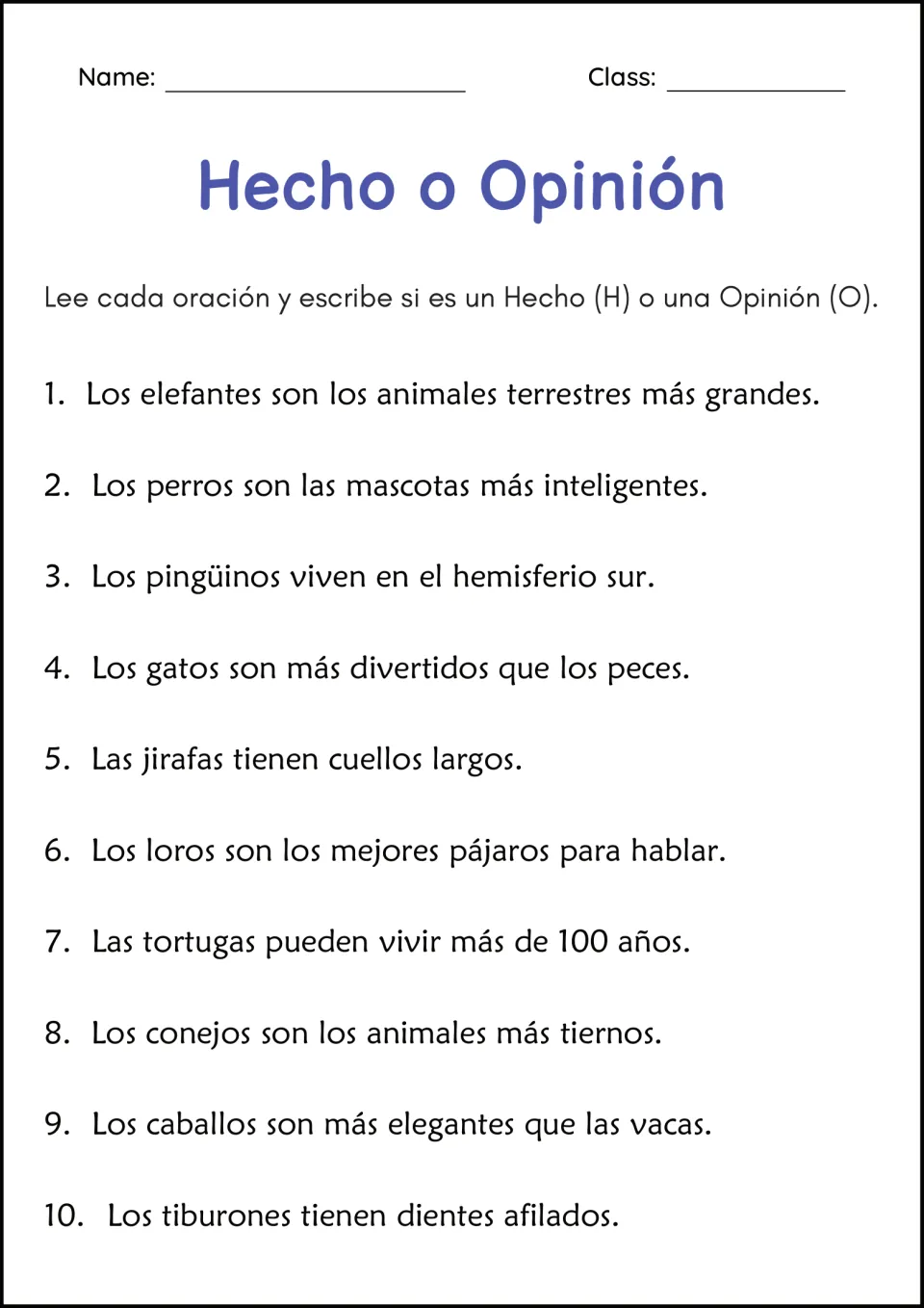 Animal facts vs. opinions in Spanish: students mark 10 sentences H or O, about elephants, dogs, penguins and sharks