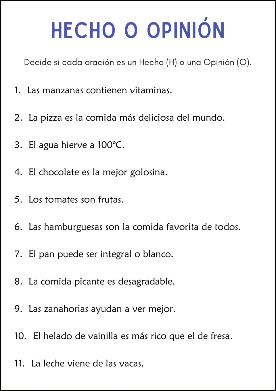 Food facts vs. opinions in Spanish: students label 11 sentences on pizza, tomatoes, chocolate and milk as H or O